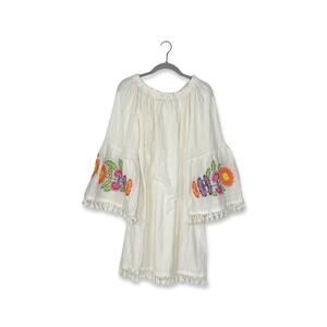 Velzera White Mini Dress with Fringe Hems and Floral Embroidered Sleeve Detail